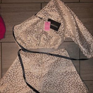 PLT Gold One Shoulder & High Waisted Shorts Set